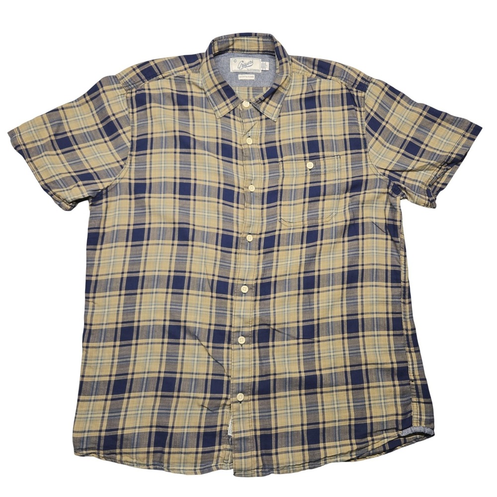 Grayers Shirt Mens Large Blue Tan Plaid Short Sleeve Button Up Casual Cotton